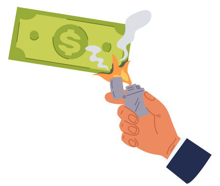 Businessmans hand lights banknote with dollar sign using lighter. Money igniting. Green bill burning. Economy crisis or inflation. Finance combustion. Financial recession. Vector conceptのイラスト素材