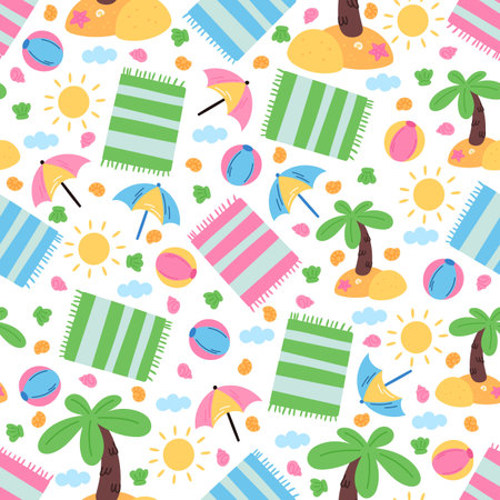 Cartoon beach accessories seamless pattern. Sea travel. Inflatable ball. Towel mat on coast sand....