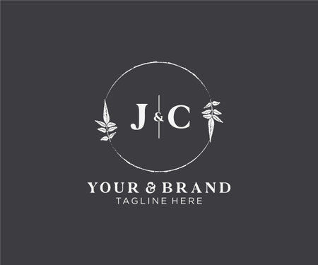 JC letters floral frames. Botanical feminine editable premade monoline unique decoration for greeting card, wedding invitation.のイラスト素材