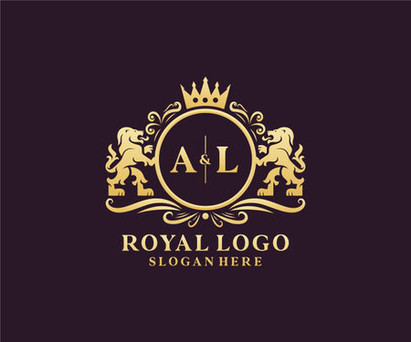 AL Letter Lion Royal Luxury Logo template in vector art for Restaurant, Royalty, Boutique, Cafe, Hotel, Heraldic, Jewelry, Fashion and other vector illustration.のイラスト素材