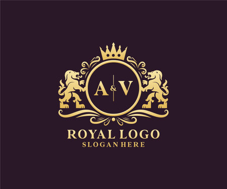 AV Letter Lion Royal Luxury Logo template in vector art for Restaurant, Royalty, Boutique, Cafe, Hotel, Heraldic, Jewelry, Fashion and other vector illustration.のイラスト素材