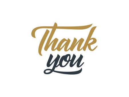Thank You Text Lettering Calligraphy in Gold Color isolated on White Background. Vector Illustration for Greeting Cards. Flat Decorative Design Template Elementのイラスト素材