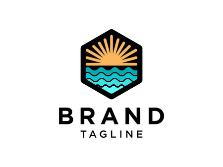 Abstract Seascape Logo. Vintage Sun and Sea Wave Combination isolated on White Background. Flat Vector Logo Design Template Elementのイラスト素材