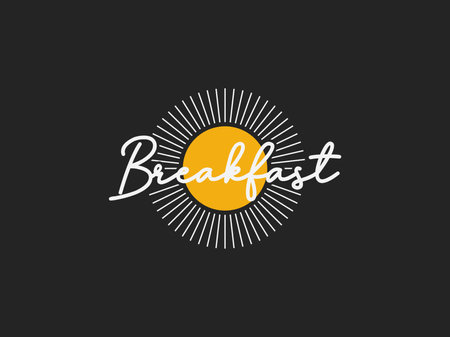 Breakfast restaurant with sunrise spoon fork hipster vintage retro typography logo design. Usable for Business and Branding Logos. Flat Vector Logo Design Template.のイラスト素材
