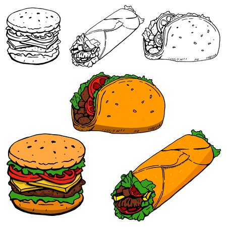 Burrito, taco, hot-dog hand drawn illustrations isolated on white background. Design elements for restaurant menu, flyer, emblem . Vector illustration.のイラスト素材