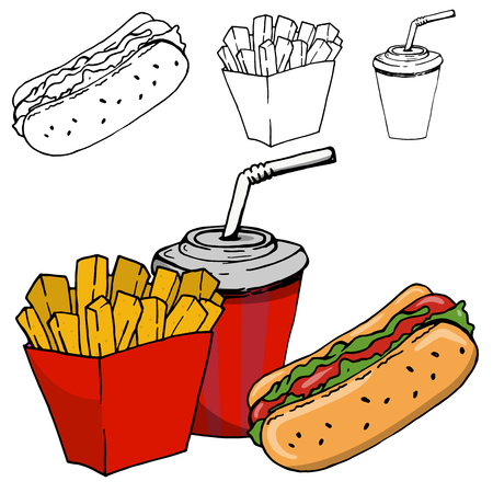 French fries, soda, hot dog illustration isolated on white background. Design elements for menu, flyer. Vector illustration.のイラスト素材