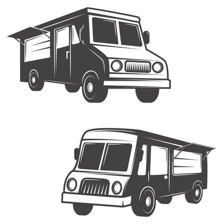 Set of food trucks isolated on white background. Design elements , label, emblem, sign, brand mark. Vector illustration.のイラスト素材