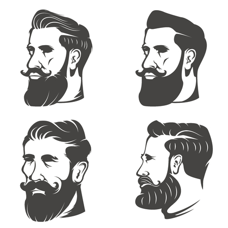 Set of the bearded man's head isolated on white background. Design elements for barber shop emblem, badge, sign, brand mark. Vector illustration.のイラスト素材