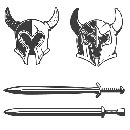 Set of the horned helmets and swords  isolated on white background. Design element, label, emblem, sign, brand mark. Vector illustration.のイラスト素材