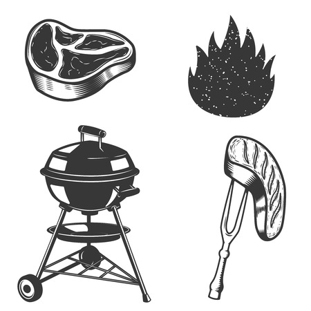 Grill, raw meat, grilled meat, fire. Design elements for menu, label, emblem, sign, brand mark, poster.のイラスト素材