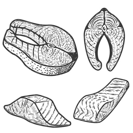 Set of salmon meat pieces isolated on white background. Design element for menu, label, emblem, sign, poster.のイラスト素材