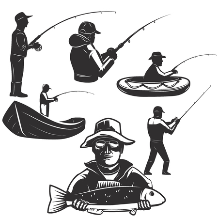 Set of fisherman silhouettes. Fishing icons. Design element for label, emblem, sign.のイラスト素材