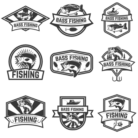 Set of bass fishing emblem templates isolated on white background. Design elements for logo, label, sign. Vector illustrationのイラスト素材