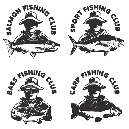 Set of fishing club labels templates. Fisherman silhouette with fish. Design elements for logo.のイラスト素材
