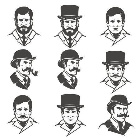 Set of gentleman's heads isolated on white background . Design elements for logo, label, emblem, poster, t-shirt. Vector illustration.のイラスト素材