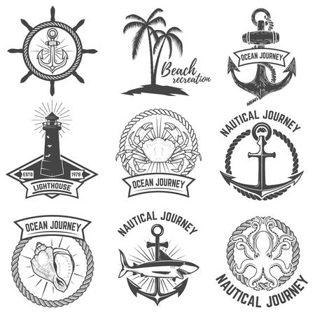 Set of nautical emblems isolated on white background. Design elements for logo, label, sign. Vector illustration.のイラスト素材