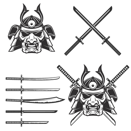 Set of the samurai mask with crossed swords isolated on white background. Design elements for logo, label, emblem, sign, brand mark. Vector illustration.のイラスト素材