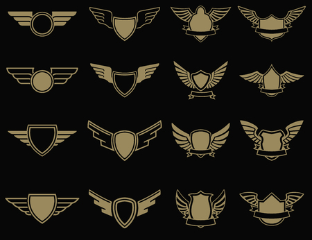 Set of winged emblems in golden style. Design elements for logo, label, emblem, sign. Vector illustration.のイラスト素材