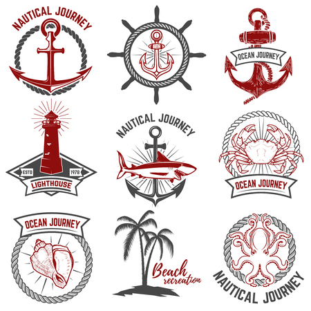 Set of nautical emblems isolated on white background. Anchor, palms, shark, crab, lighthouse, octopus. Vector illustration.のイラスト素材