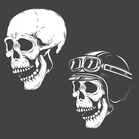 Set of racer skulls isolated on white background. Design elements for logo, label, emblem, poster, t-shirt. Vector illustration.のイラスト素材