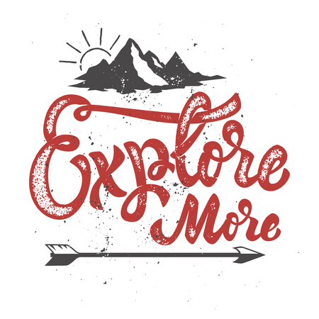 explore more. Hand drawn lettering phrase with mountain and arrow icons. Design elements for poster, t-shirt. Vector illustrationのイラスト素材