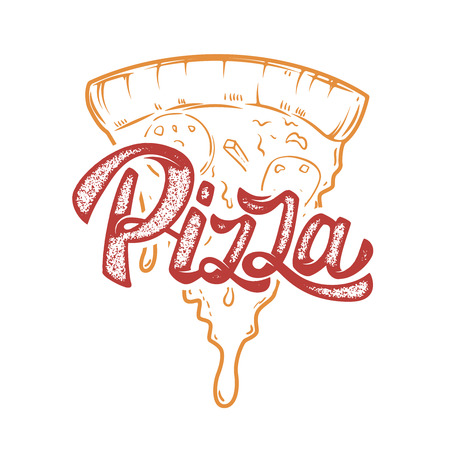 Pizza hand written lettering logo, label, badge. Emblem for fast food restaurant, cafe. Isolated on white background.のイラスト素材
