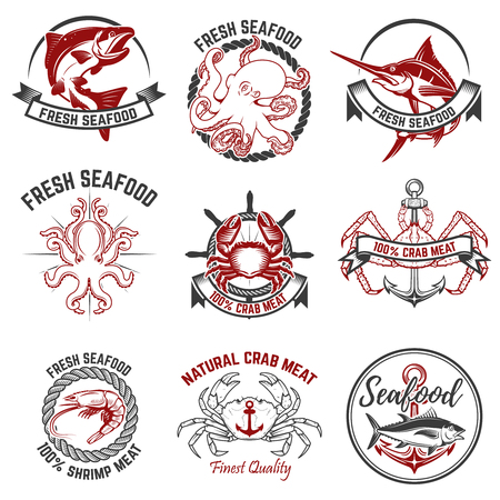 Set of the seafood labels isolated on white background. Design element for logo, label, badge, sign.のイラスト素材