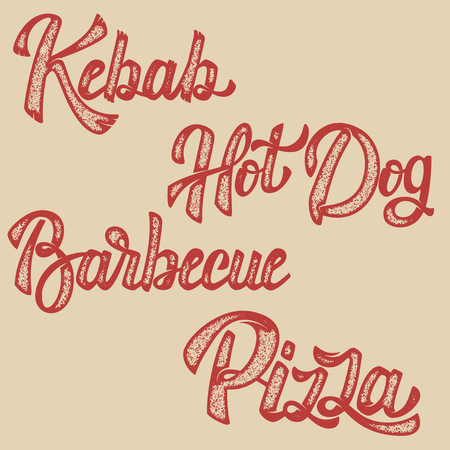 Kebab, hot dog, pizza, barbecue. Set of hand drawn lettering phrases. Design elements for menu, poster, flyer. Vector illustrationのイラスト素材