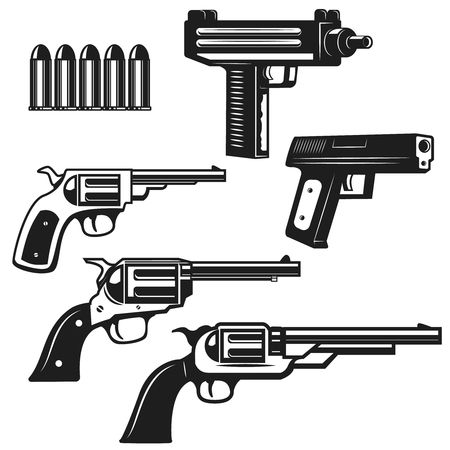 Set of handguns and revolvers isolated on white background. Design elements for logo, label, emblem, sign. Vector illustrationのイラスト素材