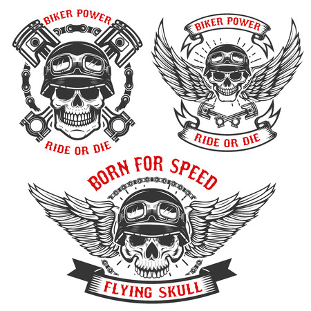 Born for speed. Set of biker skulls in helmets, with wings and pistons.のイラスト素材