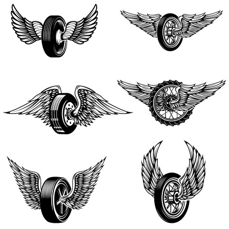 Set of winged car tires on white background. Design elements for logo, label, emblem, sign.Vector illustrationのイラスト素材
