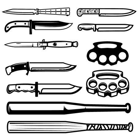 Set of gangsta weapon. Knives, brass knuckle, baseball bats. Design elements for poster, emblem, sign. Vector illustrationのイラスト素材