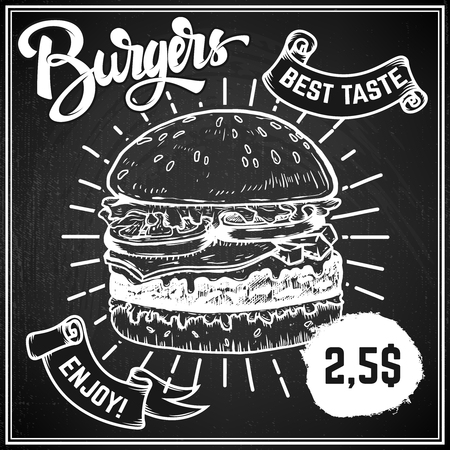 Burgers menu cover layout. Menu chalkboard with hand drawn illustrations of burger.のイラスト素材