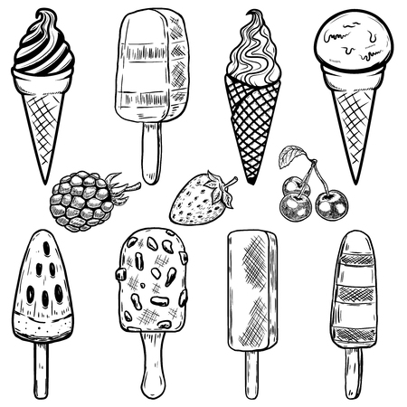 Ice cream icons frothen creamy desserts summer fruits eskimo. Design elements for poster, menu, flyer. Vector illustrationsのイラスト素材