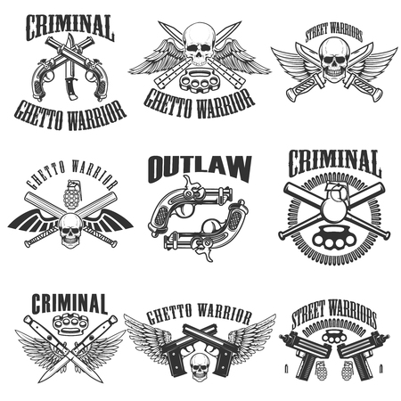 Set of outlaw, criminal, street warrior emblems. Skulls with wings, guns and swords. Design elements for logo, label, emblem, sign, poster, t-shirt. Vector illustrationのイラスト素材