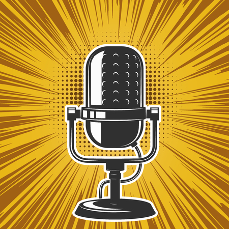 retro microphone on vintage background. Design element for poster, emblem, badge. Vector illustrationのイラスト素材