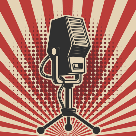 retro microphone on vintage background. Design element for poster, emblem, badge. Vector illustrationのイラスト素材