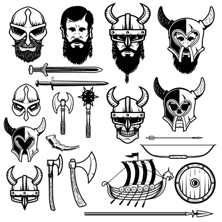 Set of vikings icons. Vikings weapon, ship, helmets. Design elements for logo, label, emblem, sign. Vector illustrationのイラスト素材