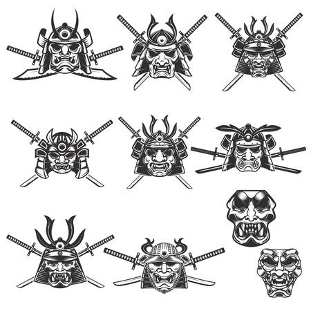 Set of samurai masks and helmets with swords on white background. Design elements for logo, label, emblem, sign. Vector illustrationのイラスト素材