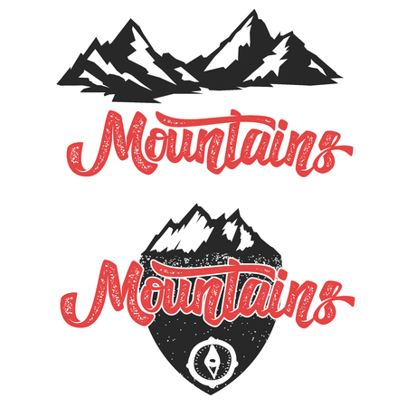 mountains. Hand drawn lettering with mountain icons. Vector illustrationのイラスト素材