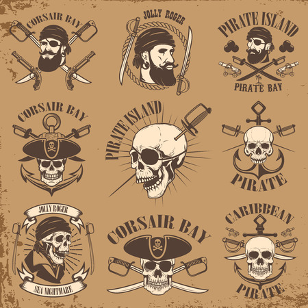 Set of pirate emblems on grunge background. Corsair skulls, weapon, swords,guns. Design elements for logo, label, emblem, sign, poster, t-shirt. Vector illustrationのイラスト素材