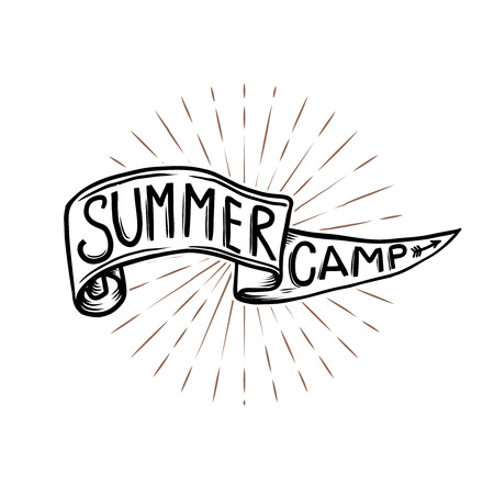 Summer camp emblem. Hand drawn flag with lettering on sunburst background. Vector design elementのイラスト素材