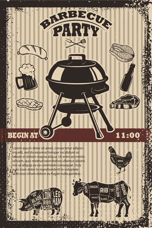 Barbecue party flyer template. Grill, fire, grilled meat, beer, butcher tools. Design elements for poster, restaurant menu. Vector illustrationのイラスト素材