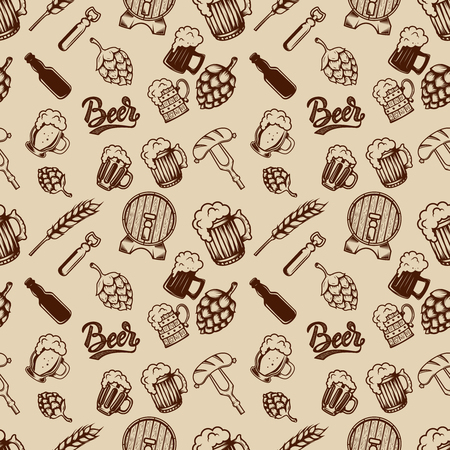 Beer seamless pattern. Beer mugs, bottles, wheat. Design element for poster, wrapping paper. Vector illustrationのイラスト素材