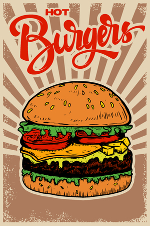 Best burgers. Hamburger illustration on grunge background. Design element for poster, restaurant menu. Vector illustrationのイラスト素材