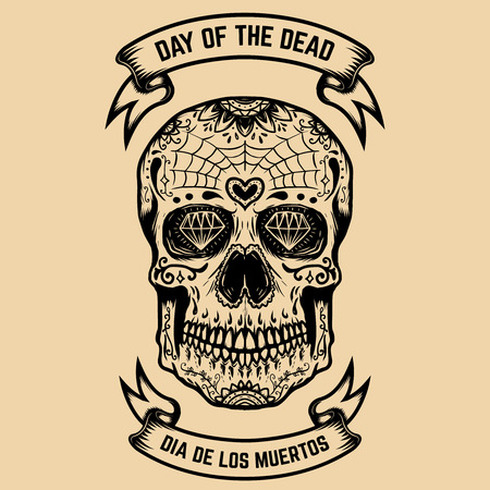 Day of the Dead. Dia de los Muertos. Sugar skull with floral pattern. Design element for poster, greeting card. Vector illustrationのイラスト素材