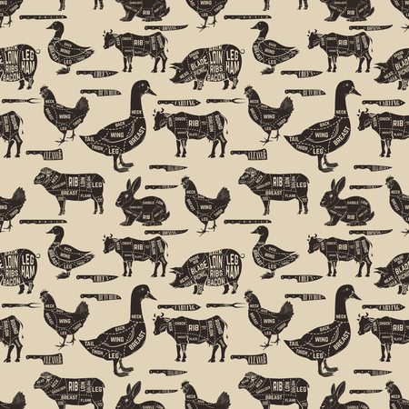 Diagram guide for cutting meat seamless pattern. Pork, cow, goose, chicken, duck,rabbit, kitchen knives.  Design element for poster, wrapping paper. Vector illustrationのイラスト素材