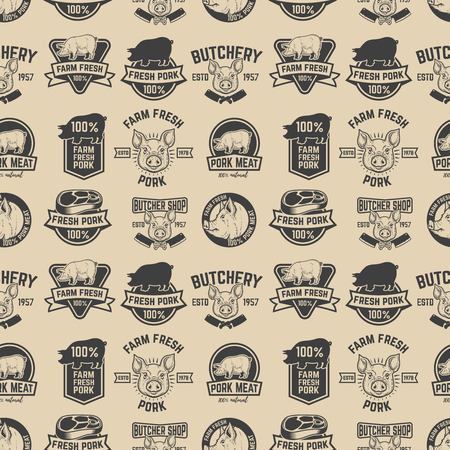 farm fresh pork meat labels pattern. Design element for poster, wrapping paper. Vector illustrationのイラスト素材