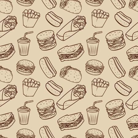 Seamless pattern with fast food illustrations pattern.  Design element for poster, wrapping paper. Vector illustrationのイラスト素材