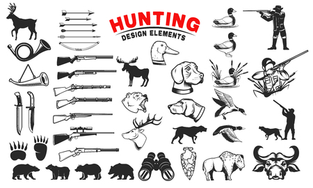 Set of hunting design elements. Hunting dogs, weapon, shooters silhouettes. Deer, bears, wild ducks. Design elements for emblem, sign, label, badge. Vector illustrationのイラスト素材